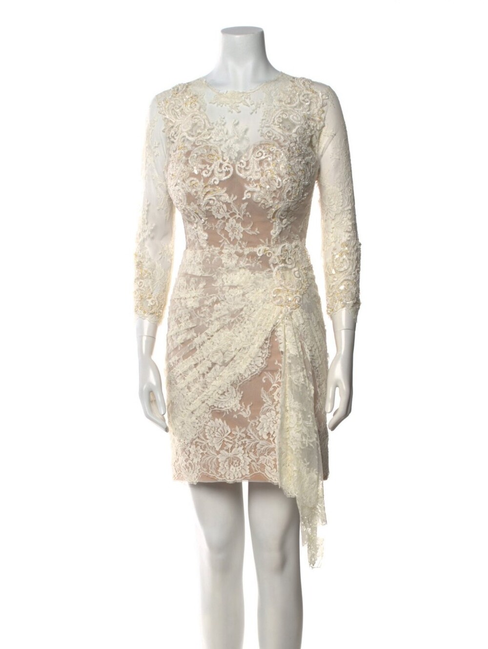 Zuhair Murad Ivory Lace Long-Sleeve Sheer-Overlay Dress